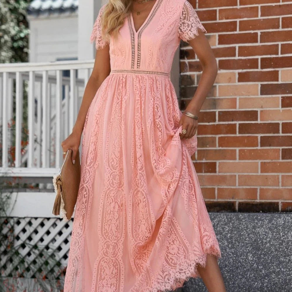 Scalloped Lace V-Neck Maxi Dress
