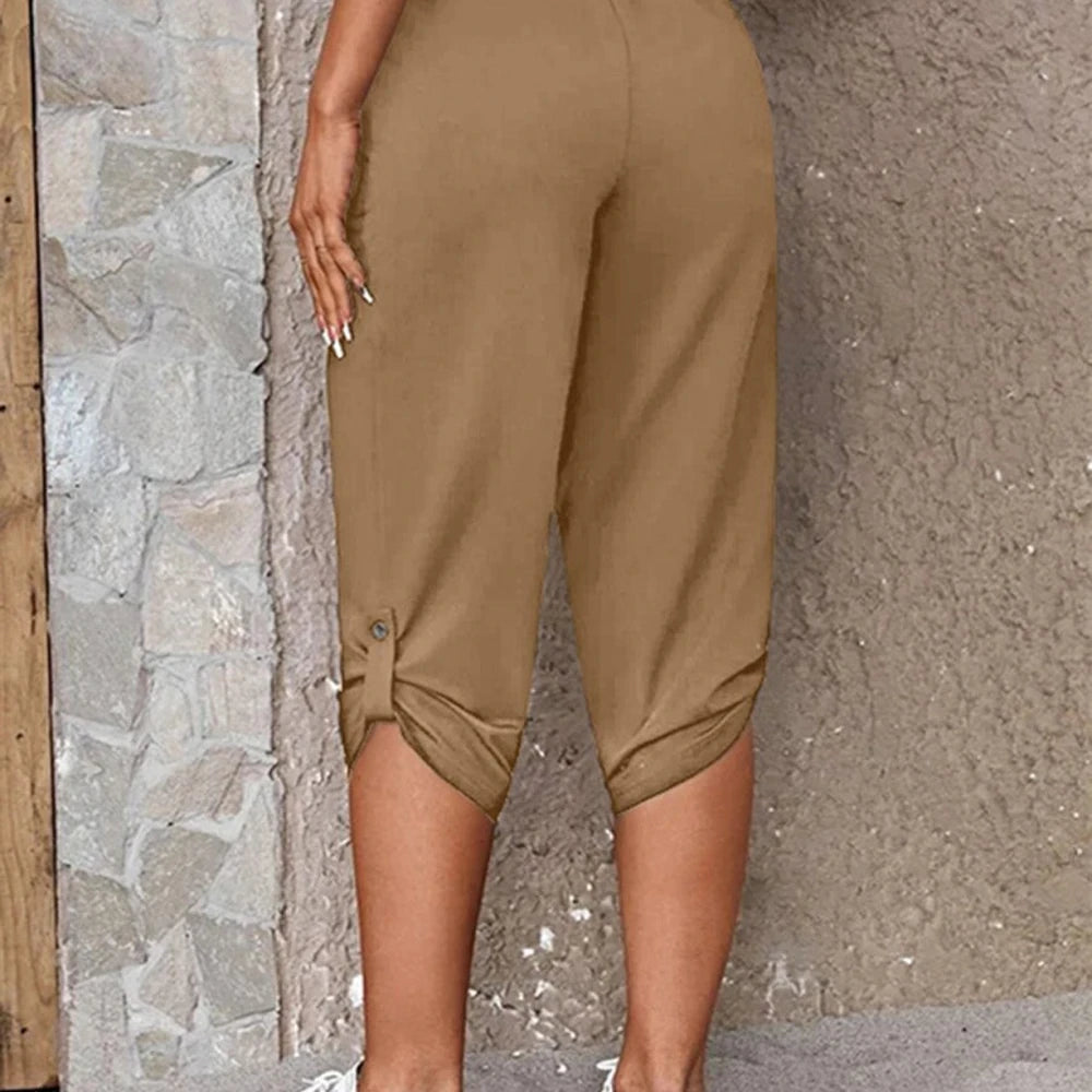 Solid Capris Pants with Roll-Tab