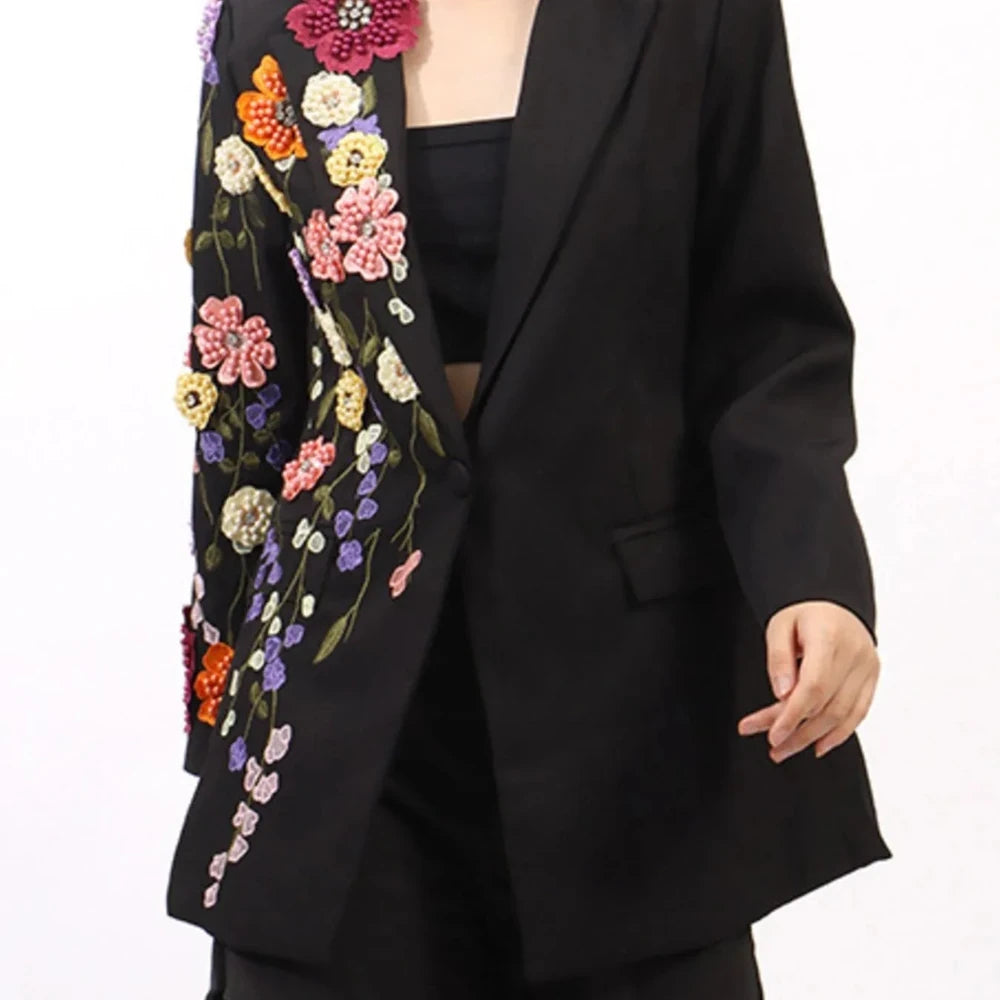 Pearl Detail Blazer with Flower Lapel