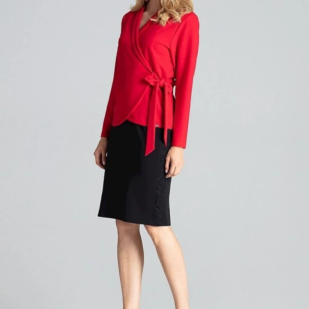 Red Tie Waist Blouse with Long Sleeves