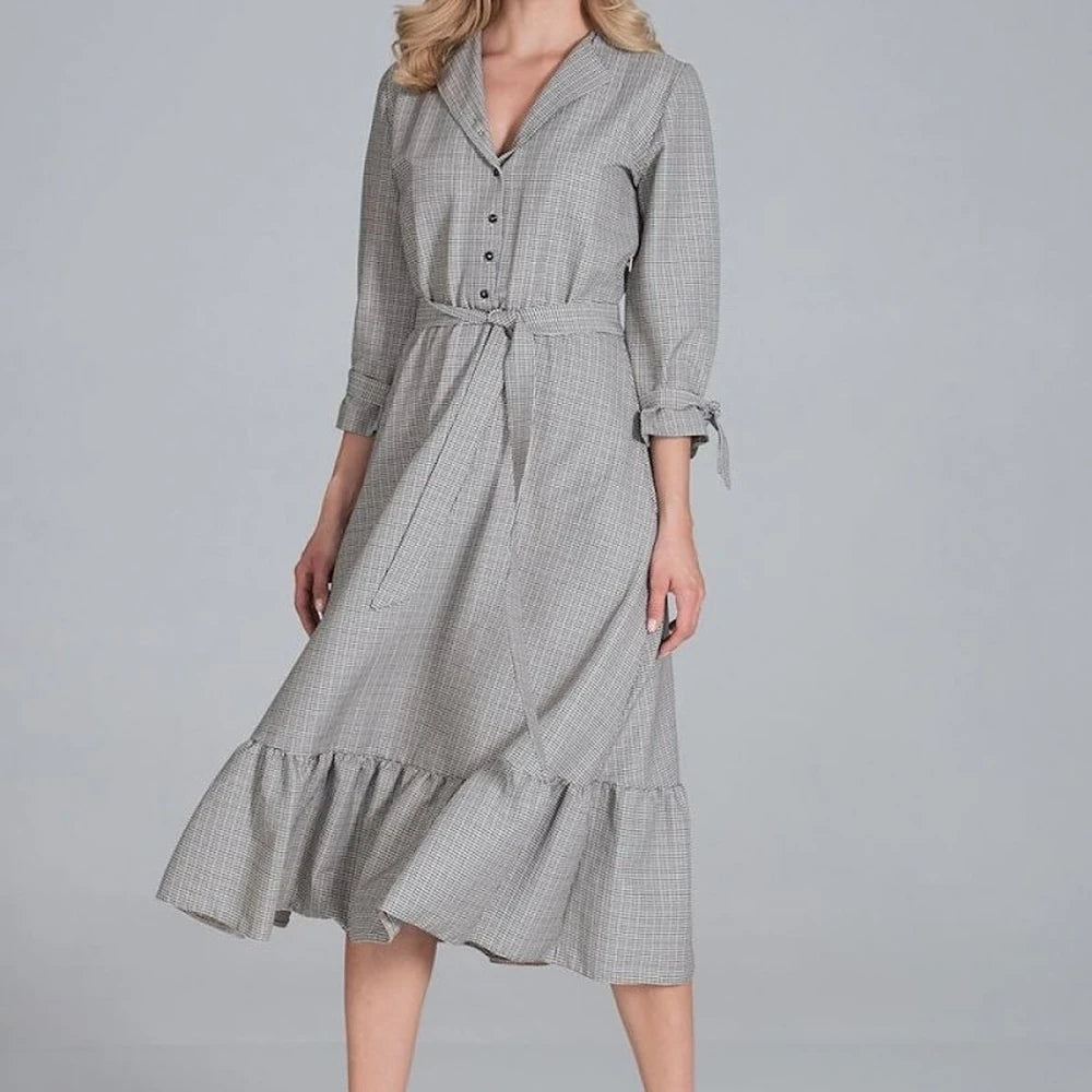 Maxi Dress Ruffle Hem V-Neck Buttoned
