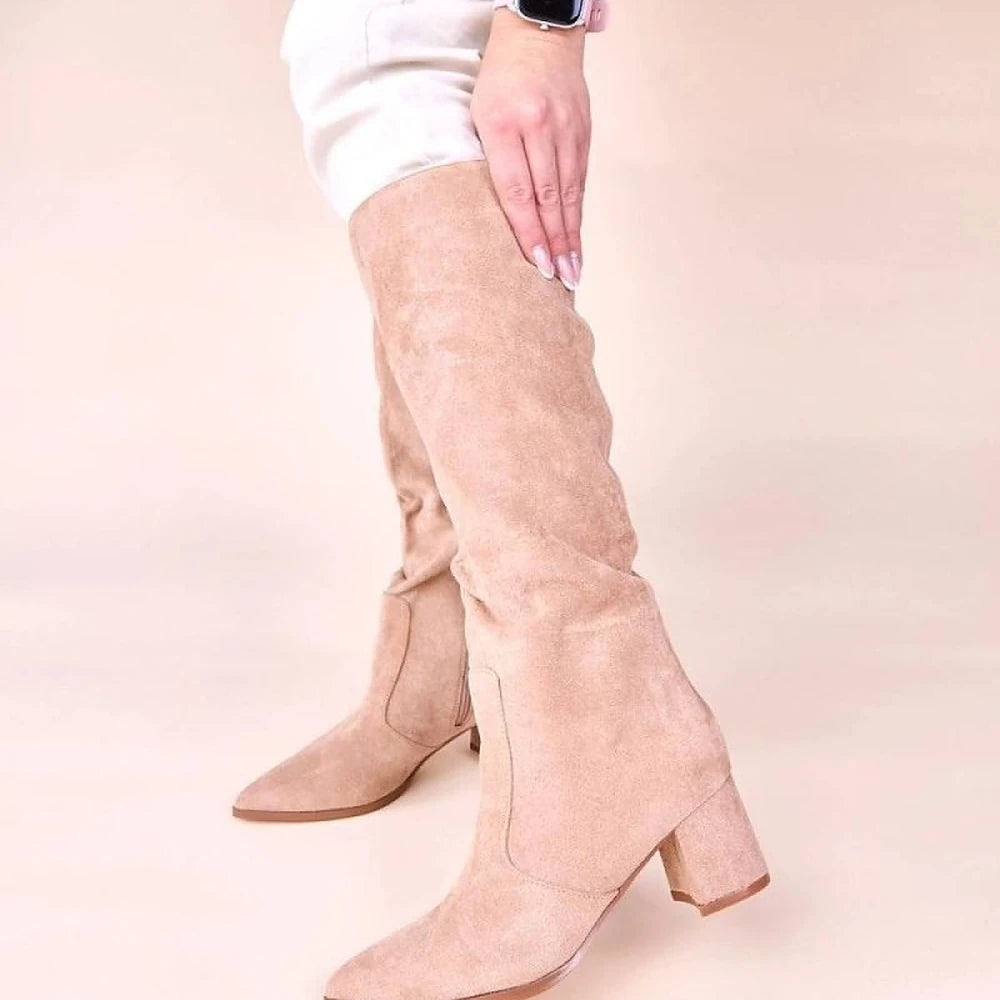 Beige Eco Suede Knee-High Boots