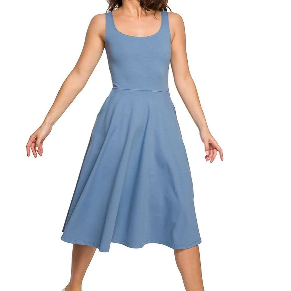 Cotton Dress Thin Straps Flared Bottom Pockets