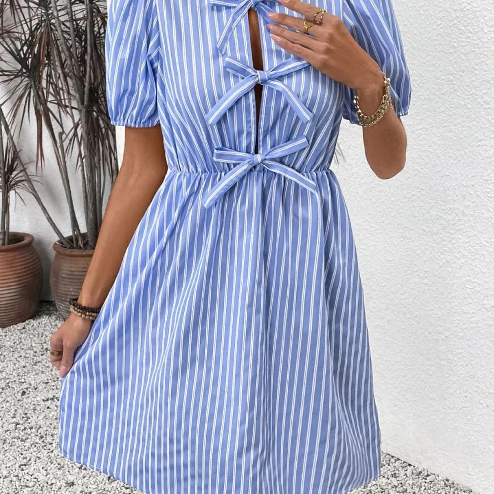 Striped Short Sleeve Mini Dress with Tie