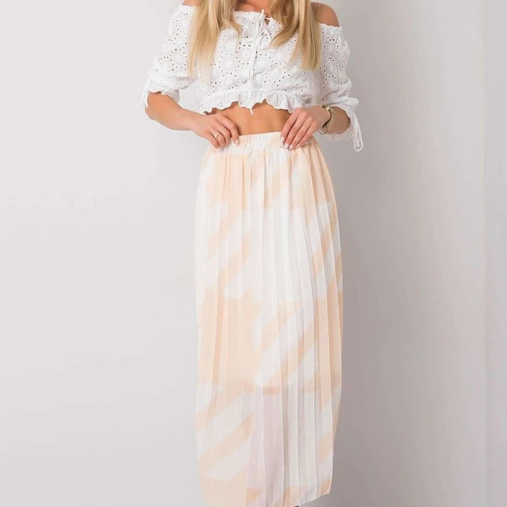 Patterned Pleated Midi Skirt with Elastic Waist