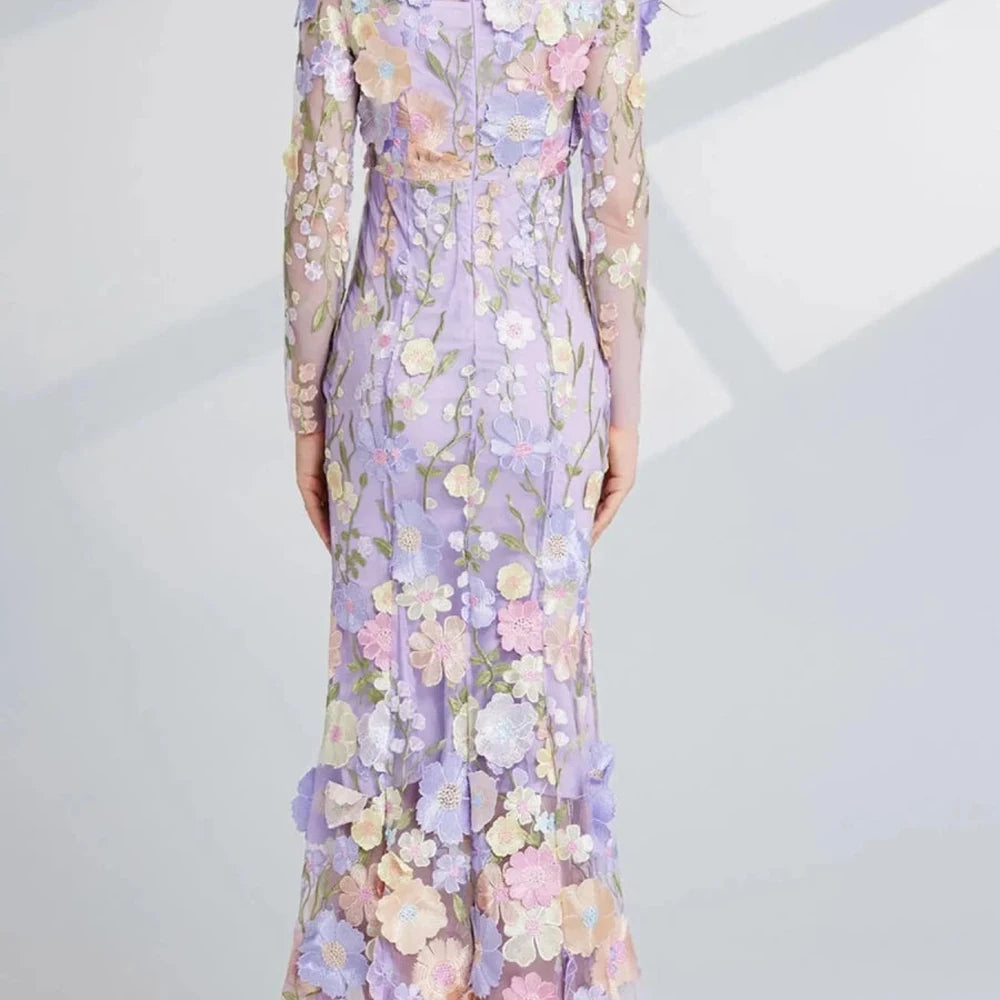 Floral Embroidered Mesh Midi Dress