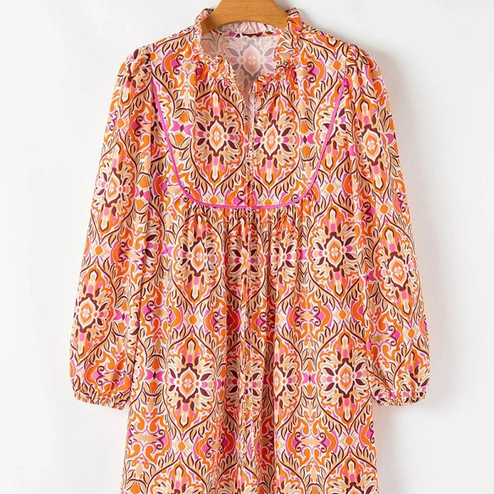 Floral Ruffle Sleeve Mini Dress with Tie Neck