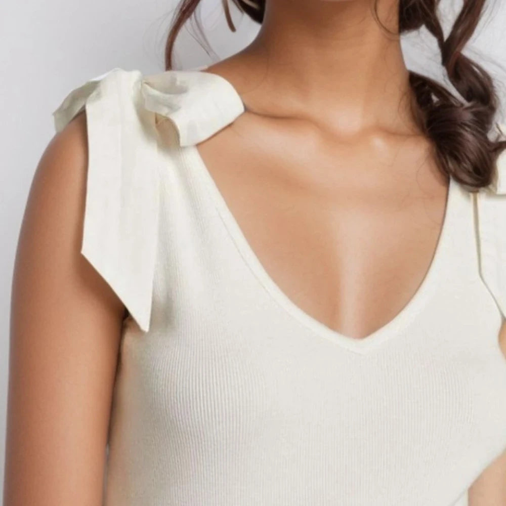 Tan V-Neck Tie Shoulder Tank