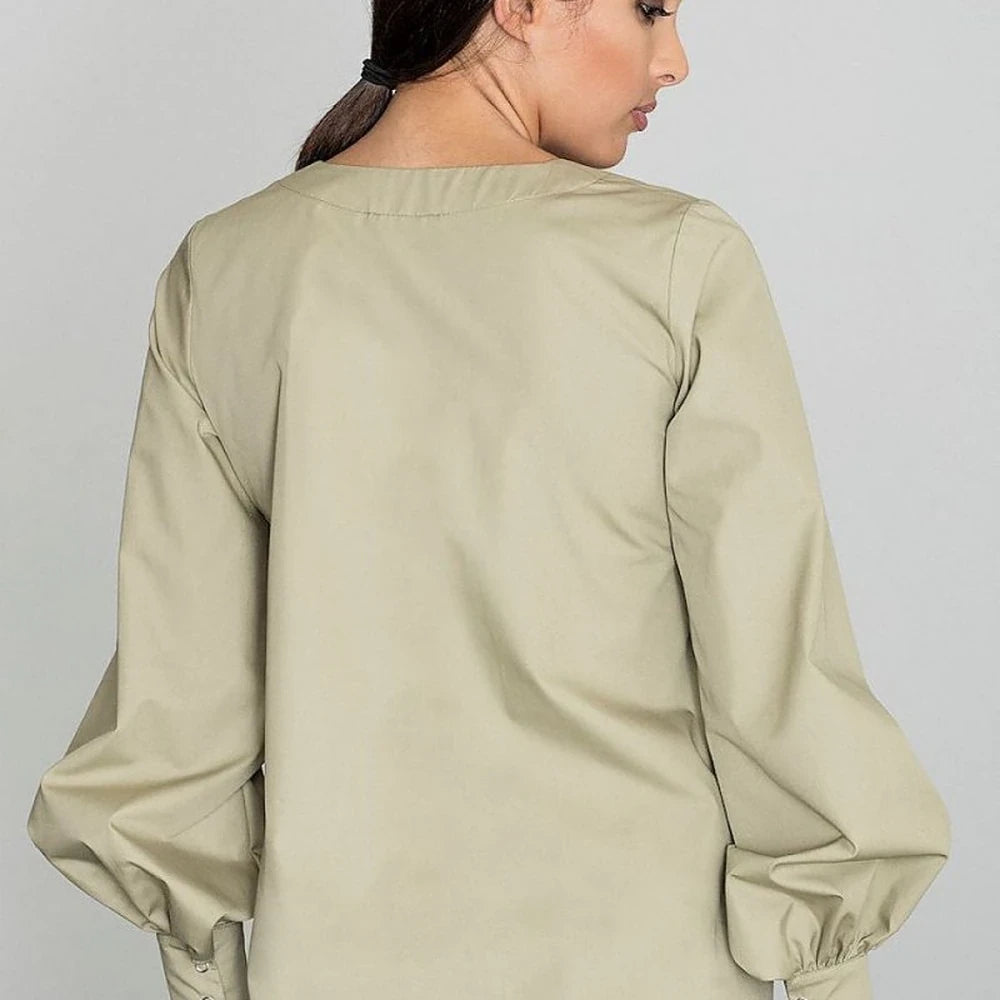 Cotton Blend Pointed Neck Blouse with Buttoned Sleeves