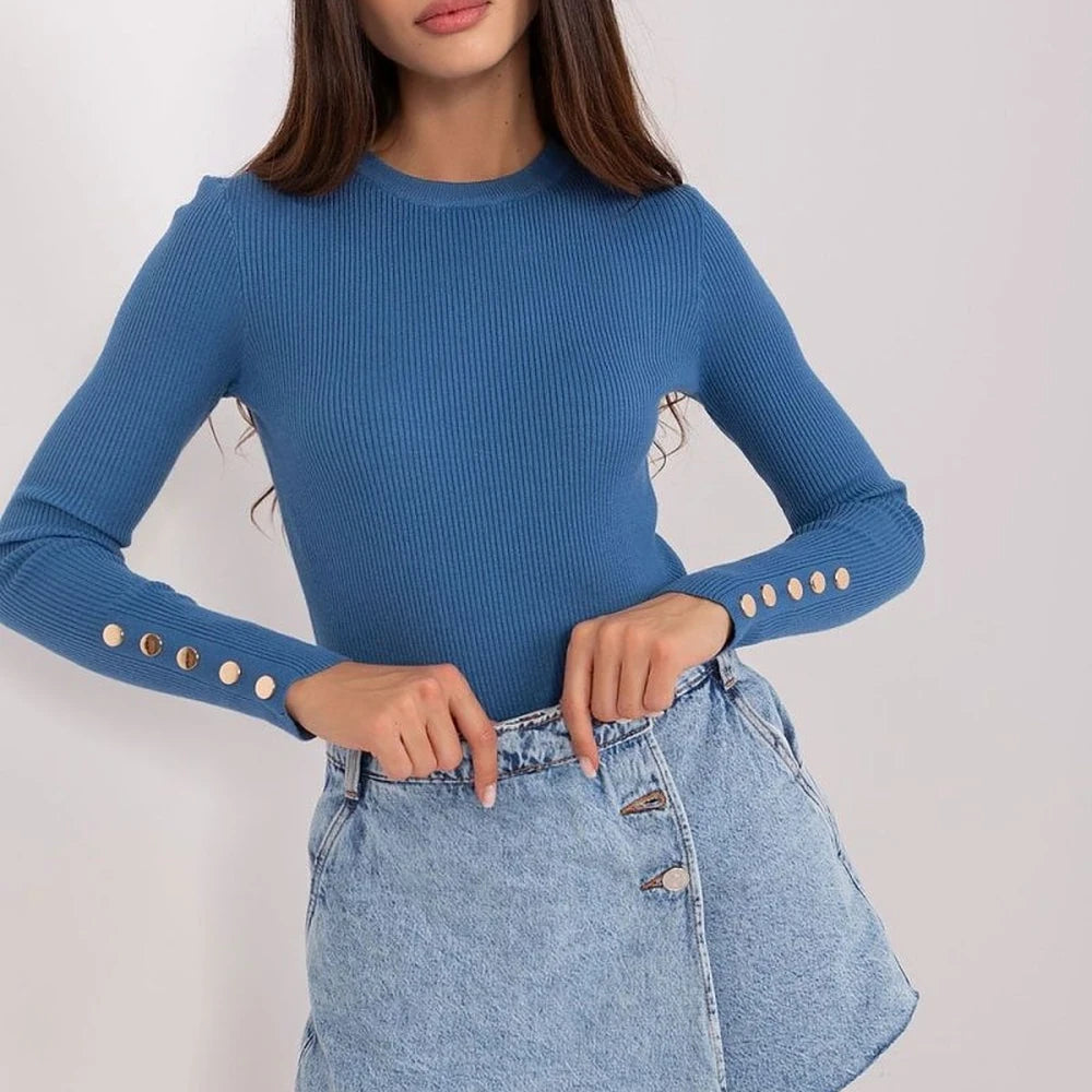 Ribbed Knit Sweater with Sleeve Buttons