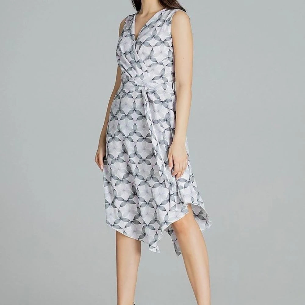 Patterned Midi Dress with Tie Belt