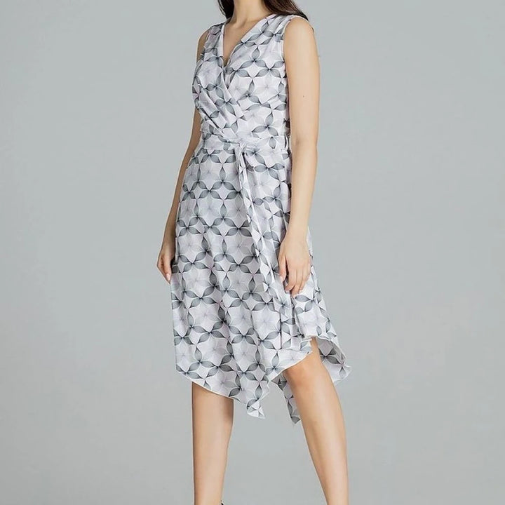 Patterned Midi Dress with Tie Belt