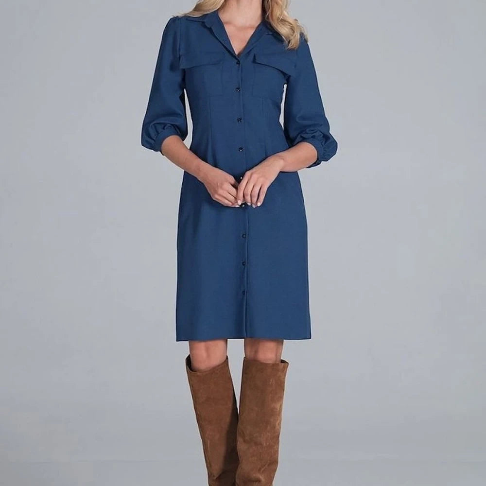 Midi Shirt Dress with Collar and 3/4 Sleeves