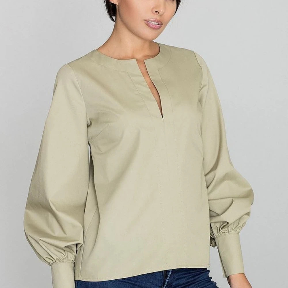 Cotton Blend Pointed Neck Blouse with Buttoned Sleeves