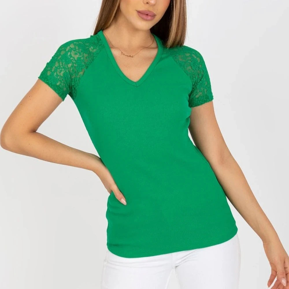 Green Lace Sleeve Heart Neck Blouse