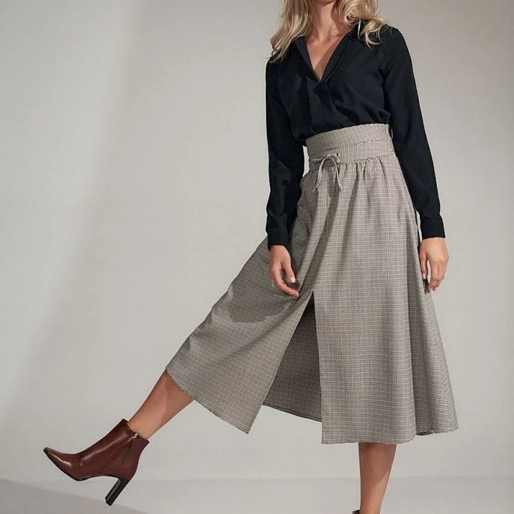 Flared Pleated Plaid Maxi Skirt