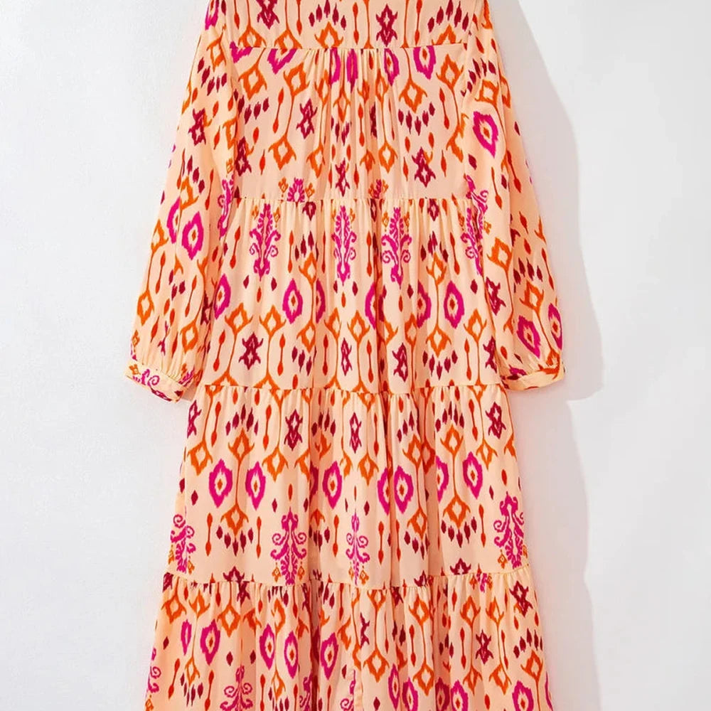 Tiered Printed Notched Long Sleeve Midi Dress
