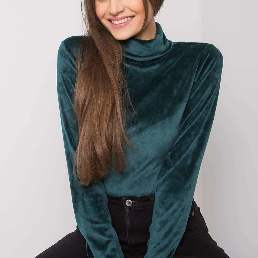 Turtleneck Velour Top with Long Sleeves