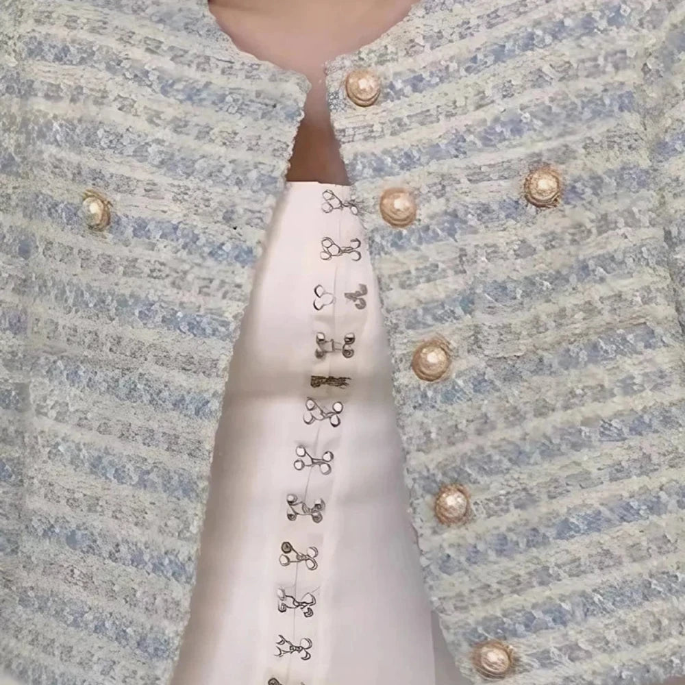 Light Blue Cropped Tweed Button Up Jacket