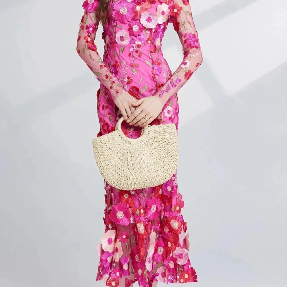 Floral Embroidered Mesh Midi Dress
