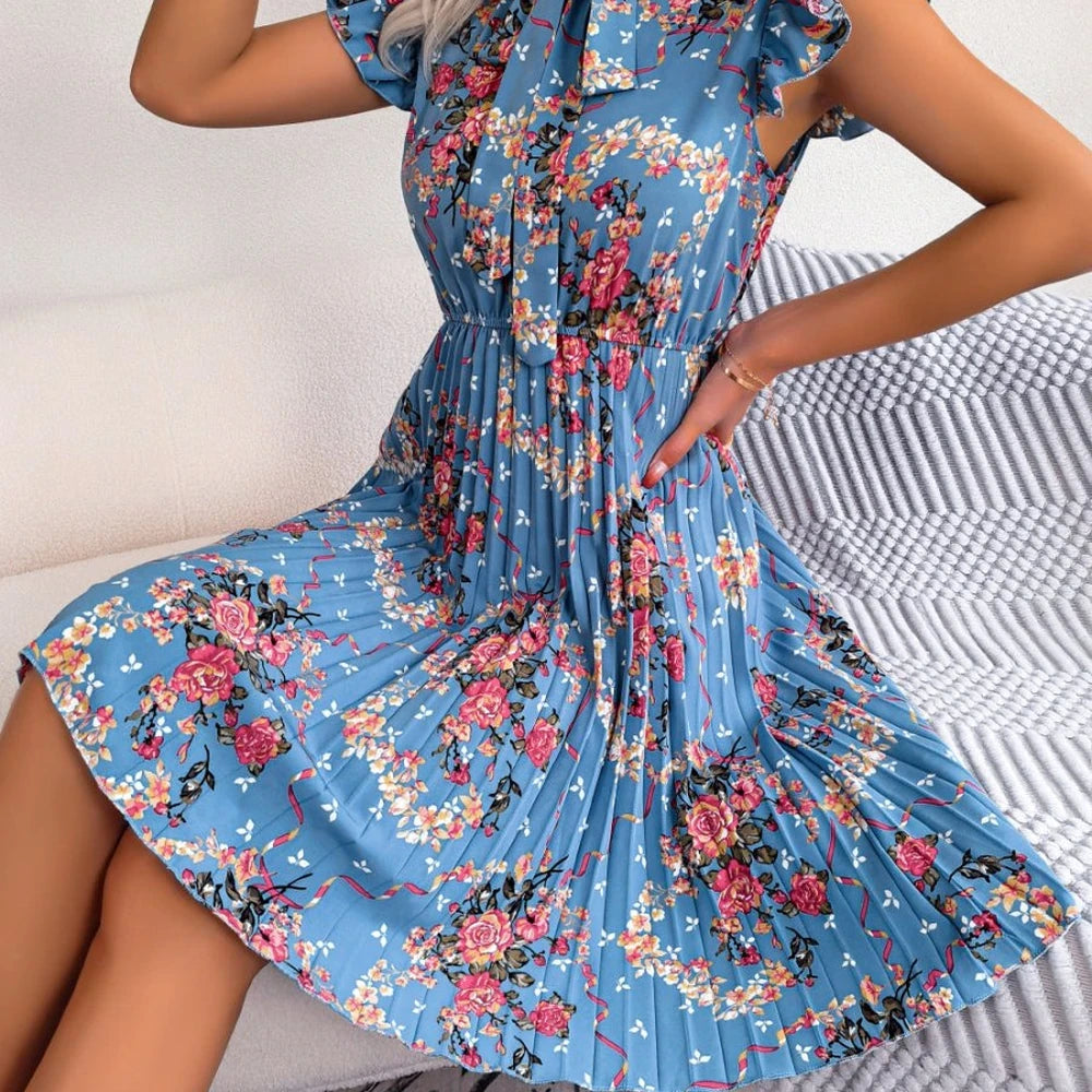 Floral Tie Neck Knee Length A-line Dress