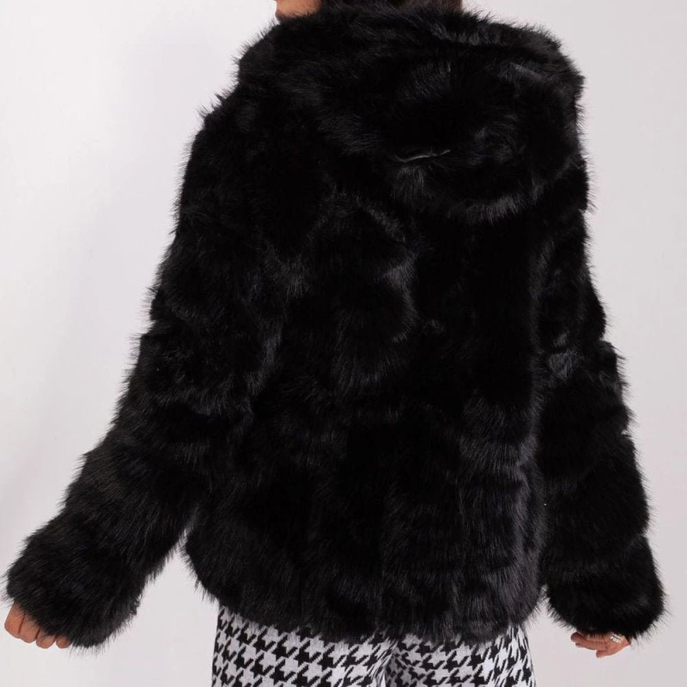 Women's Fur Hooded Jacket with Hook-and-Loop Closure