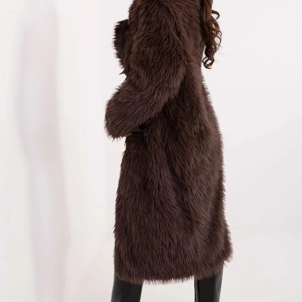 Brown Long Fur Coat with Snap Closure