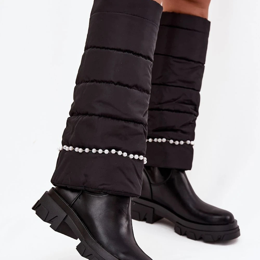 Black Thigh-High Boots with Beads