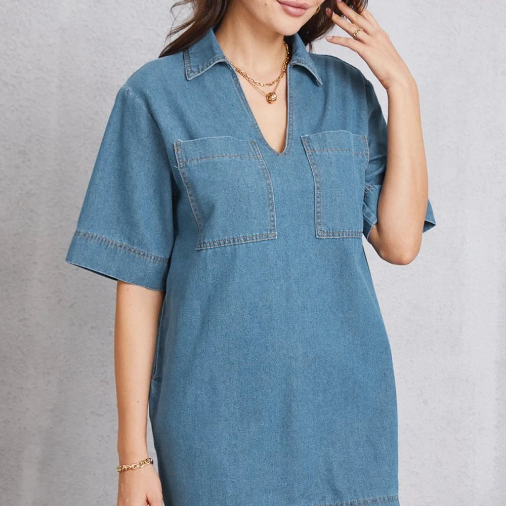 Denim Pocketed Mini Dress with Collar