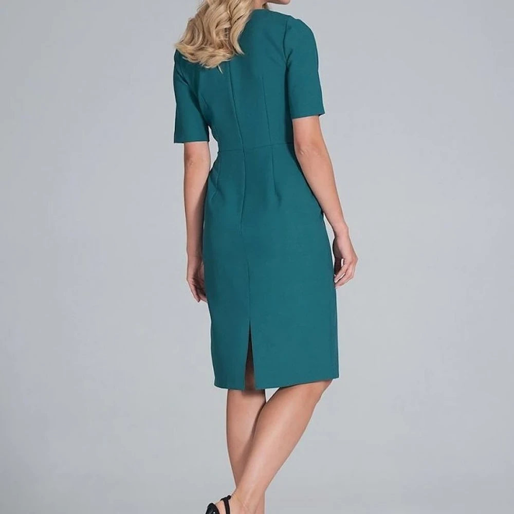 Midi Pencil Dress with Envelope Neckline