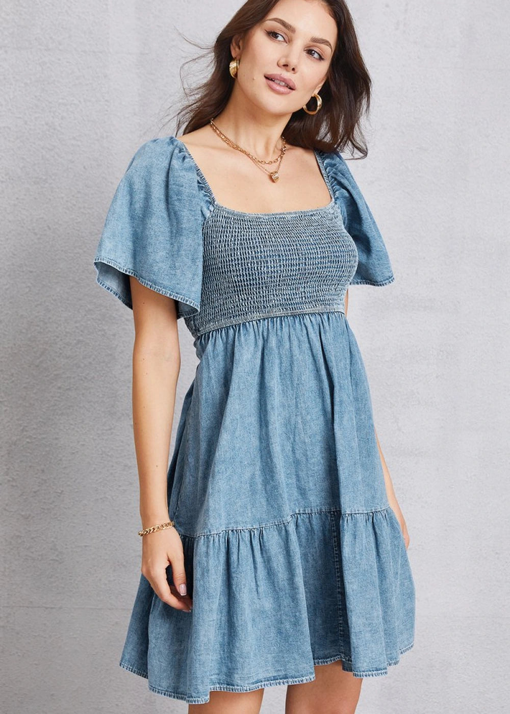 Smocked square neck mini denim