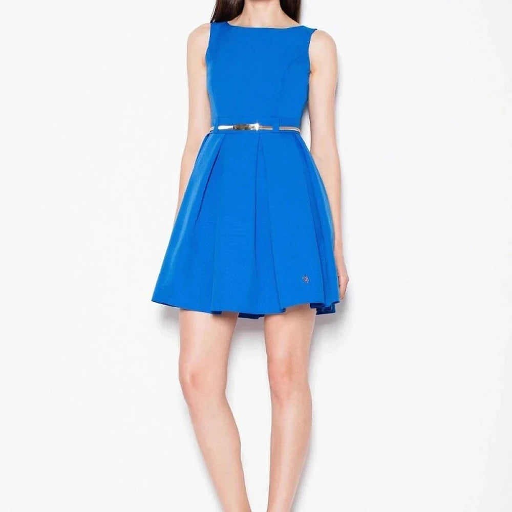 Blue Cocktail Dress with Pleats and Belt