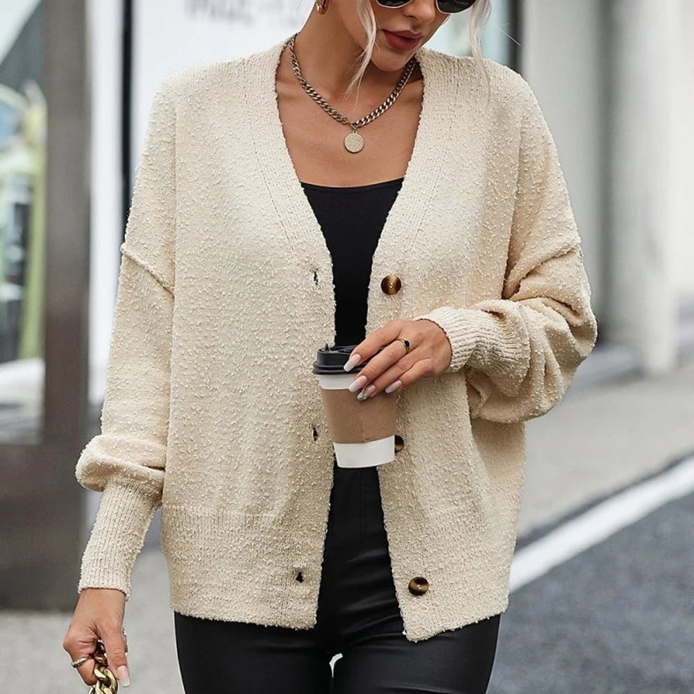 Button-Up V-Neck Cardigan with Dropped Shoulders