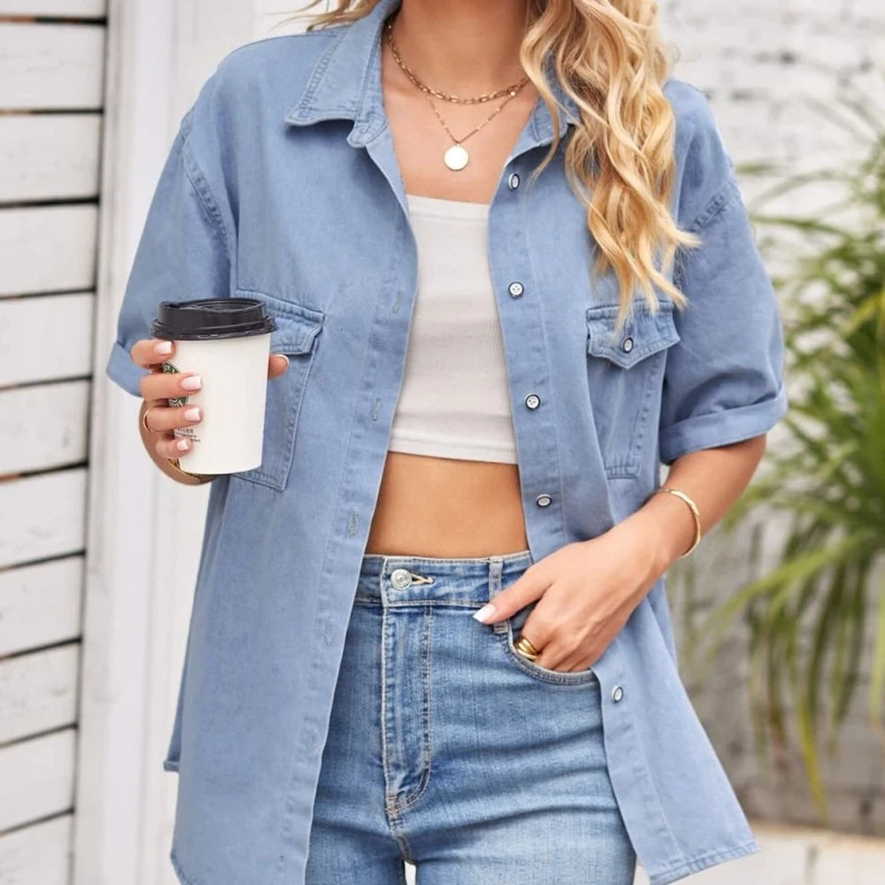 Collared Neck Short Sleeve Denim Jacket