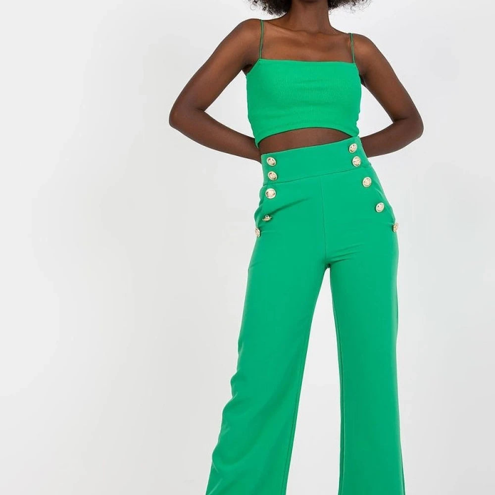 High-Waisted Trousers with Decorative Buttons