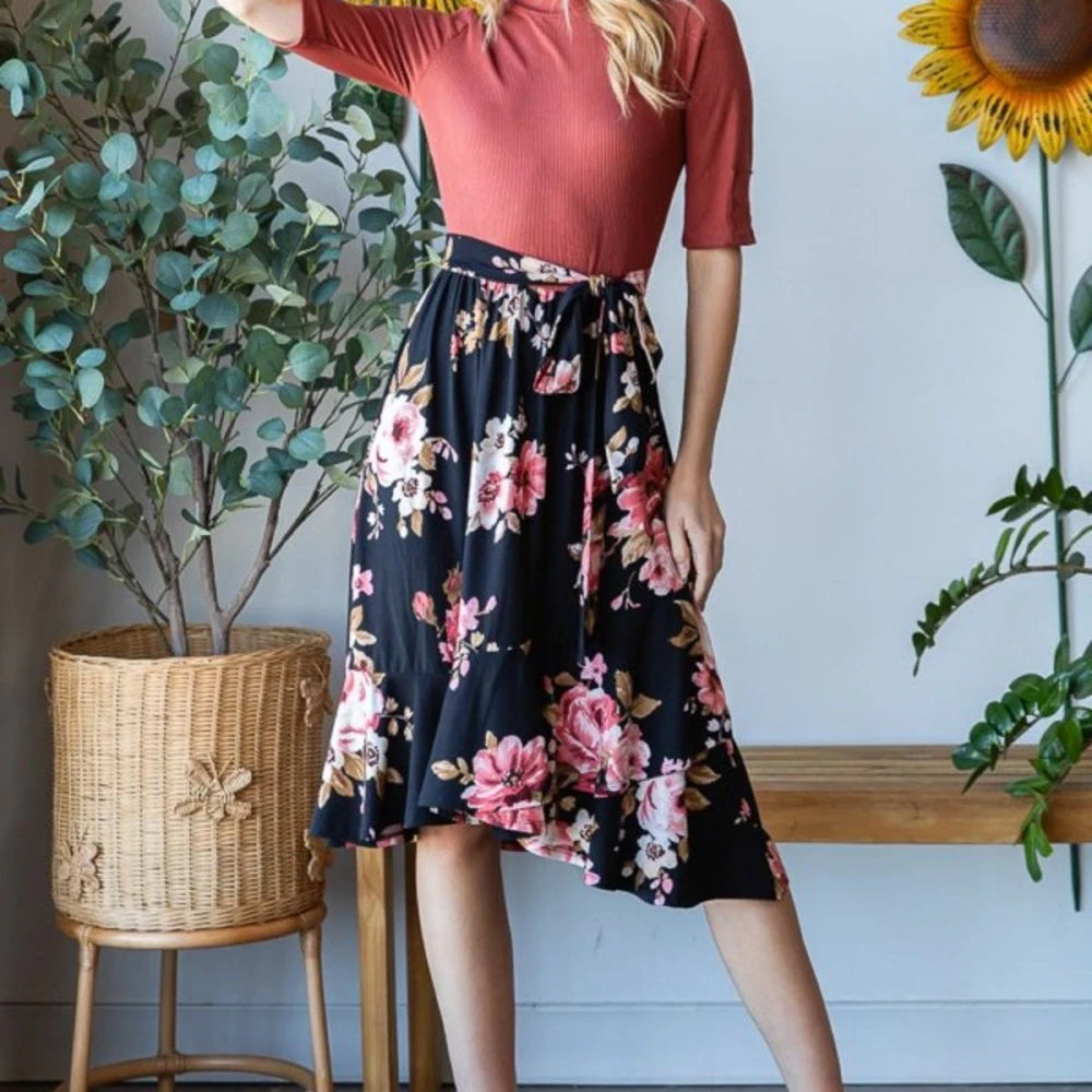 Floral Wrap Ruffle Hem Midi Skirt
