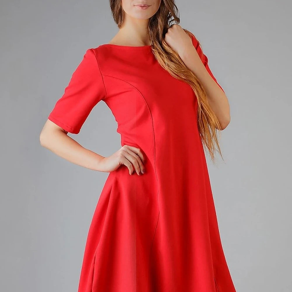 Red Flared Knit Dress with Boat Neck