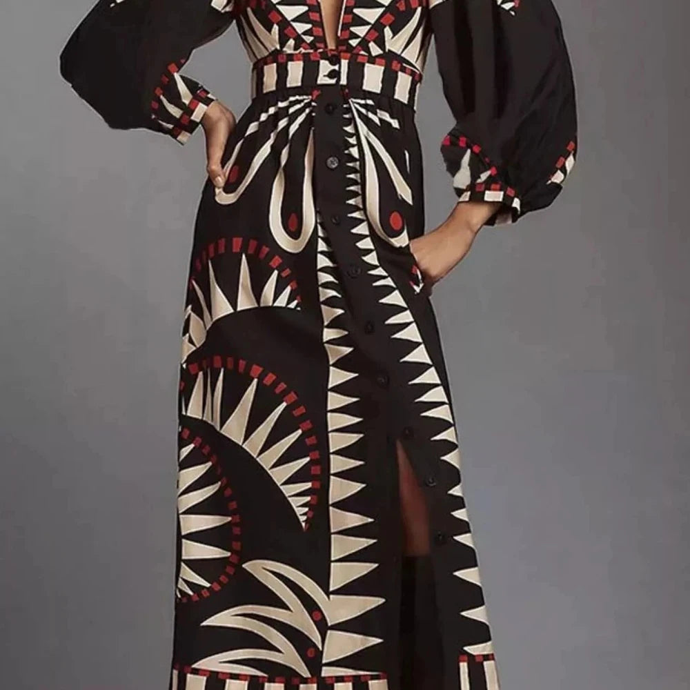 Geometric Print Long Sleeve Maxi Dress