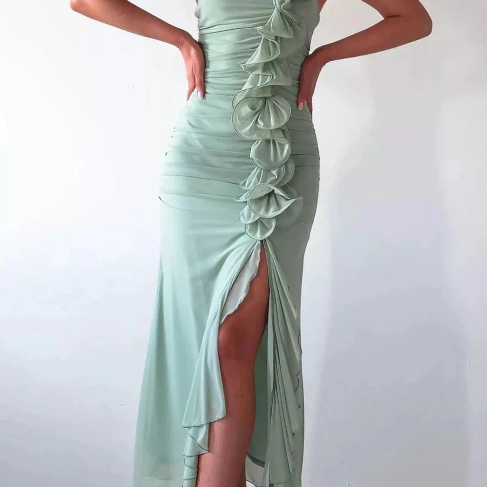 One-Shoulder Ruffle Slit Dress