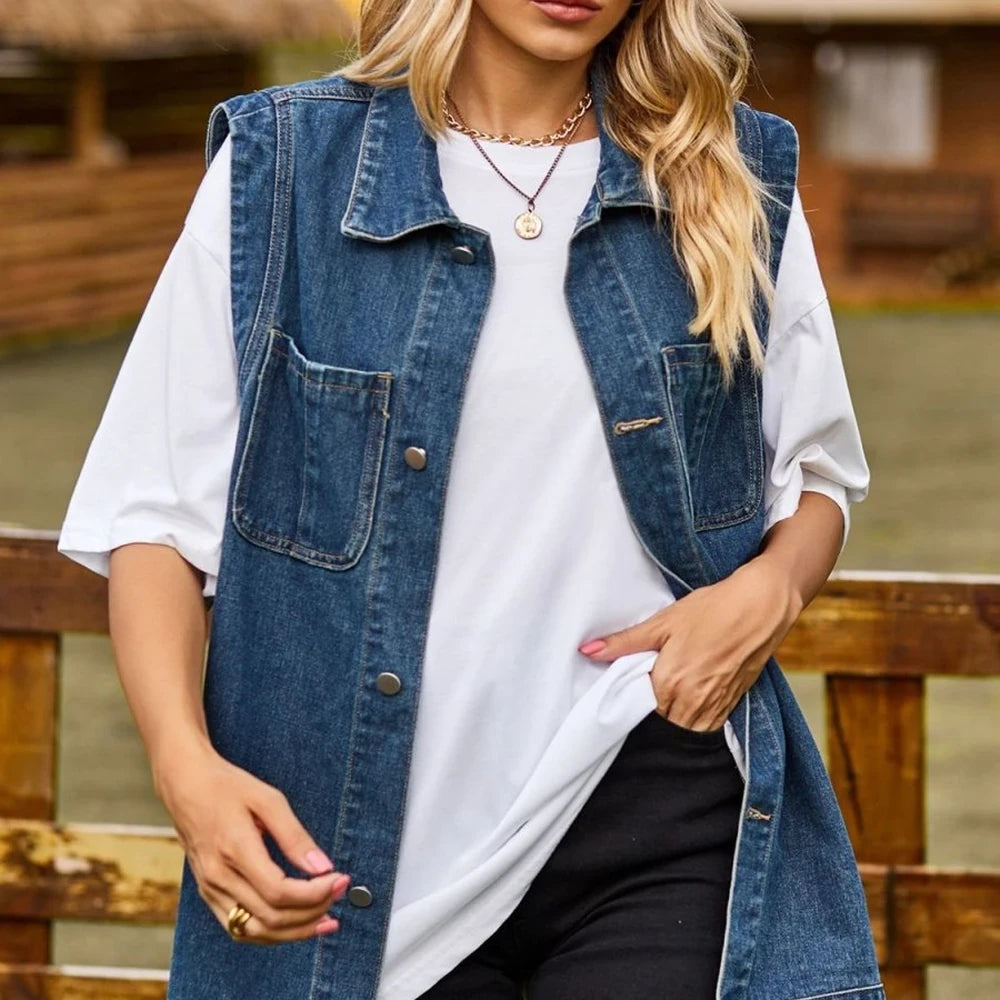 Sleeveless Collared Denim Vest