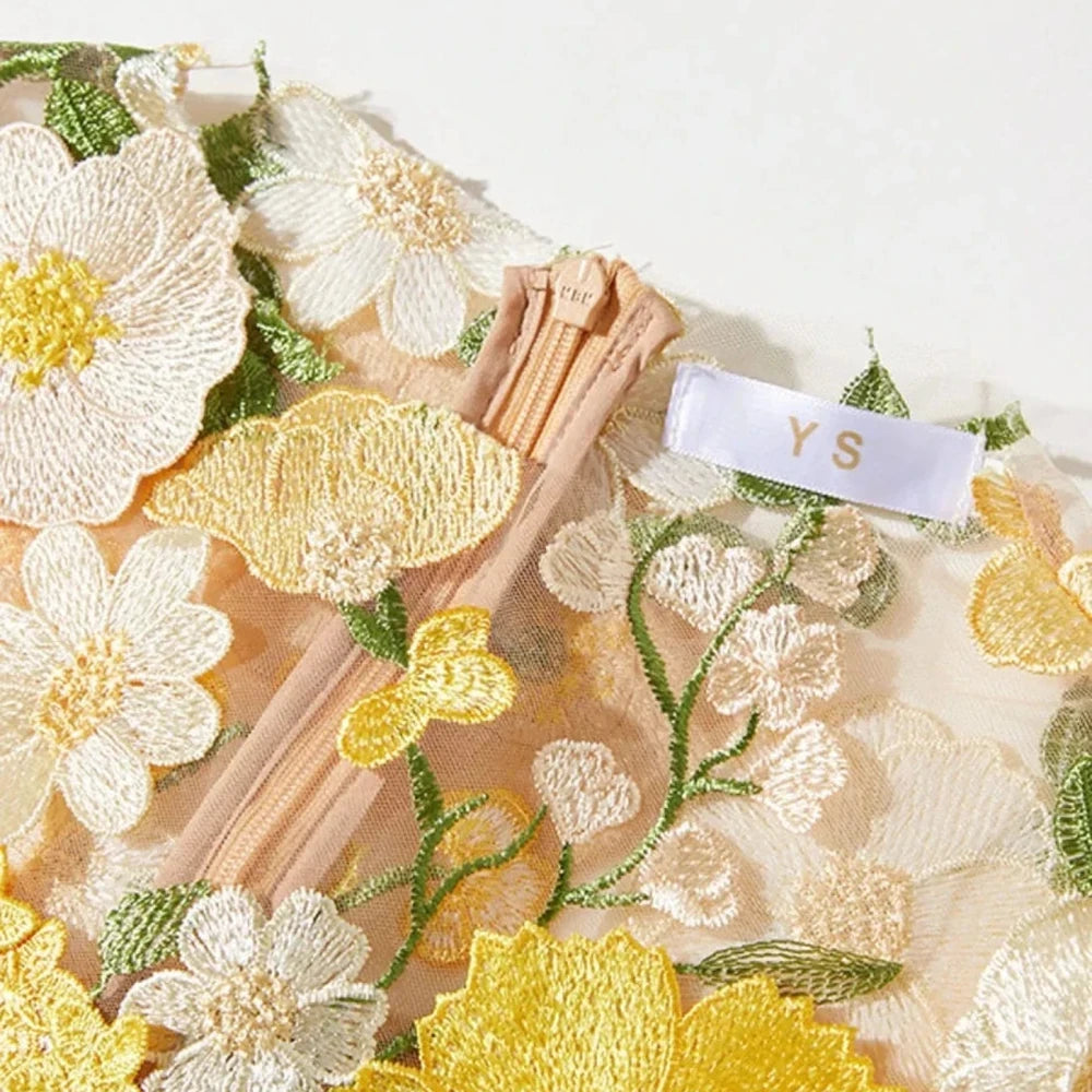 Floral Embroidered Mesh Midi Dress