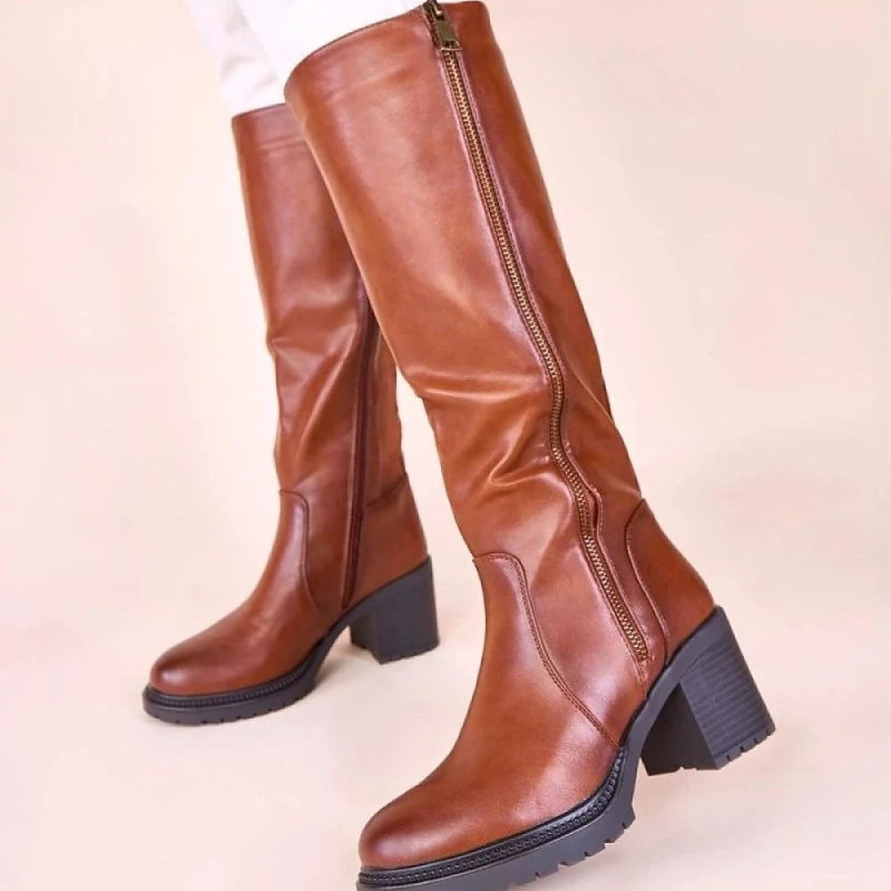 Brown Leather Heel Boots with Elastic Insert