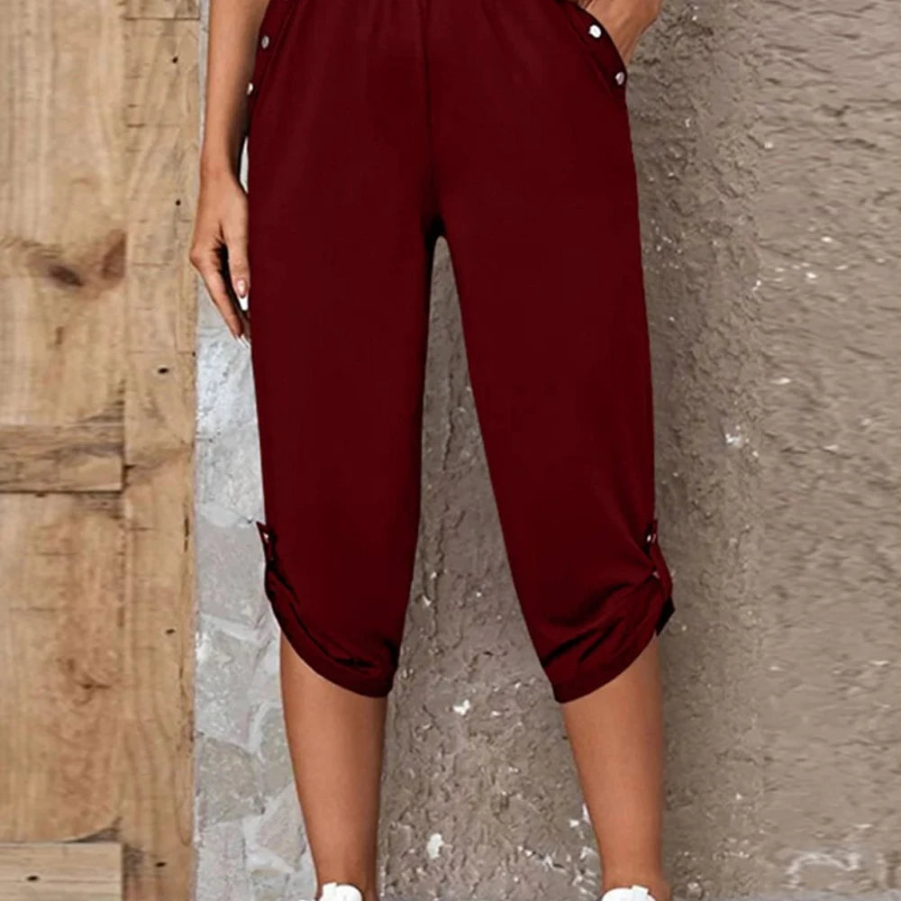 Solid Capris Pants with Roll-Tab