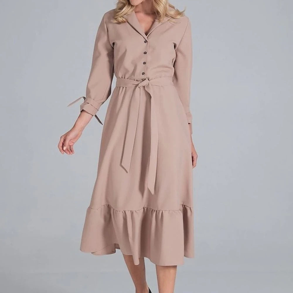 Maxi Dress Ruffle Hem V-Neck Buttoned