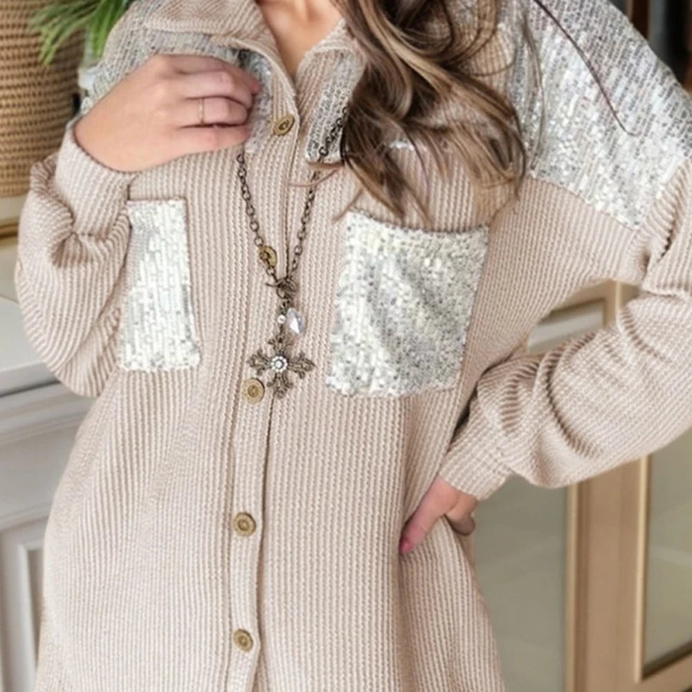 Sequin Button-Up Dropped Shoulder Jacket