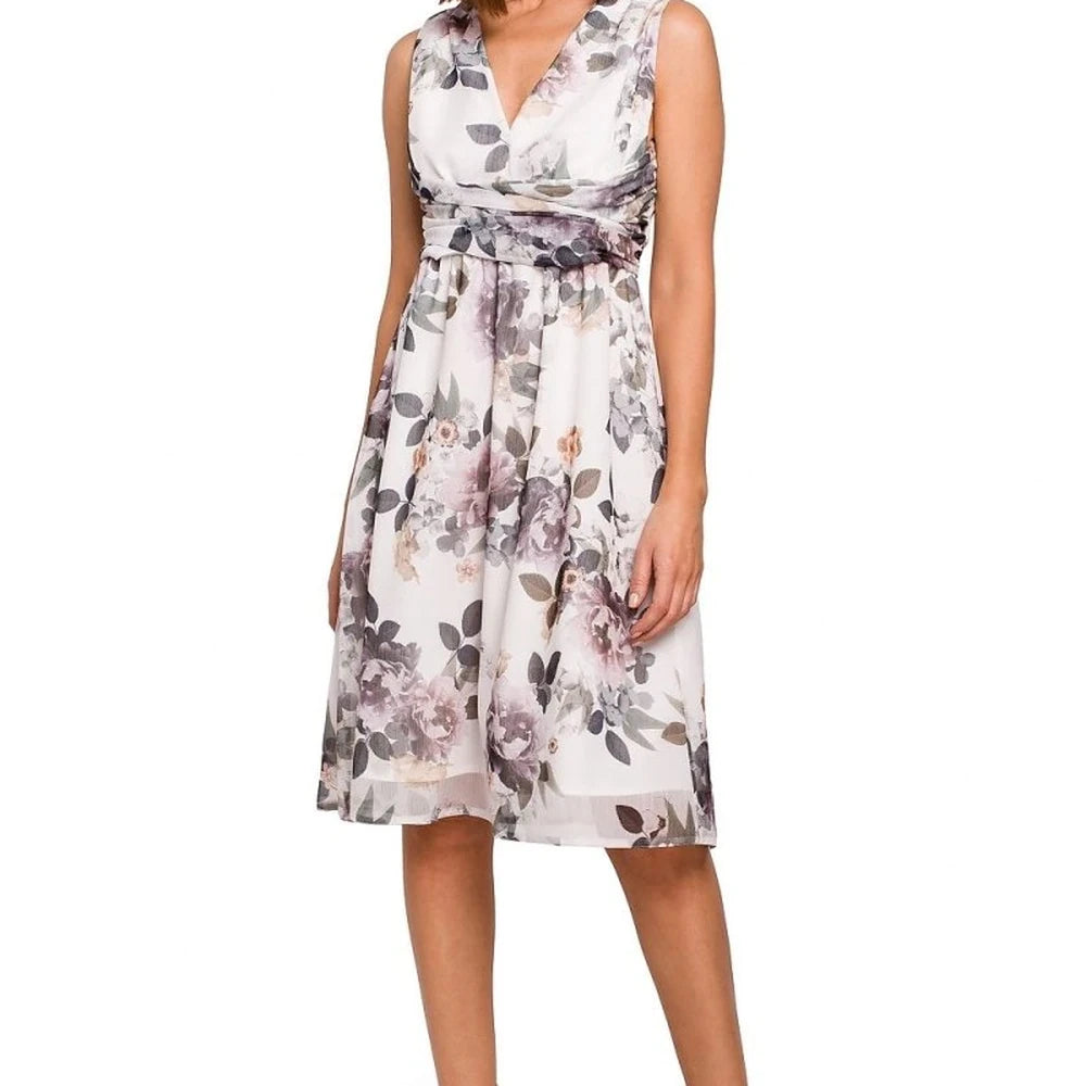 Floral Ribbed Chiffon Day Dress with Belt