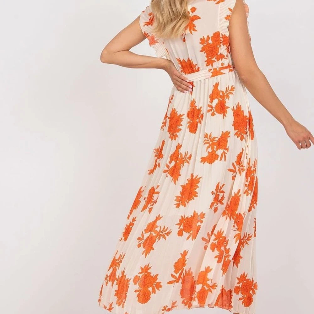 Orange Green Long Sleeve Frill Waist Tie Dress