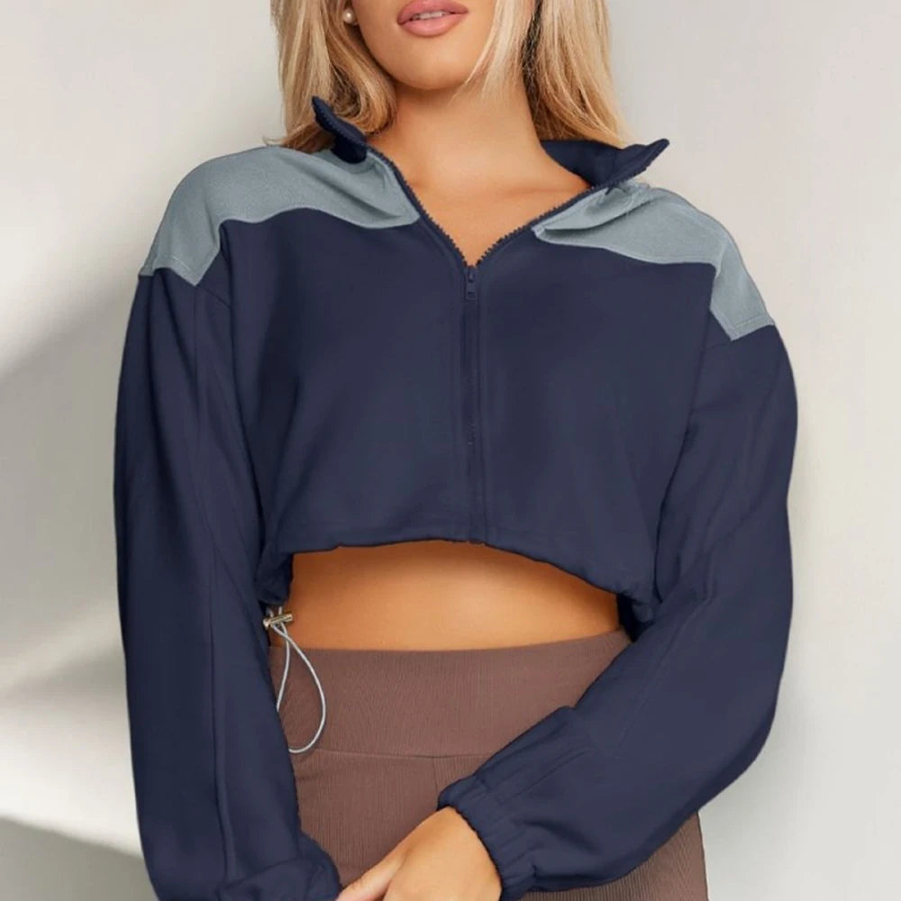 Contrast Drawstring Zip Up Jacket