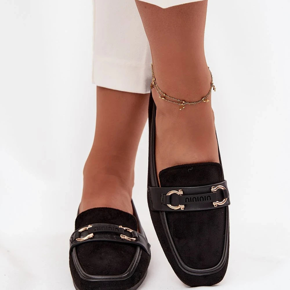 Women's Black Suede Loafers with Decorative Detail