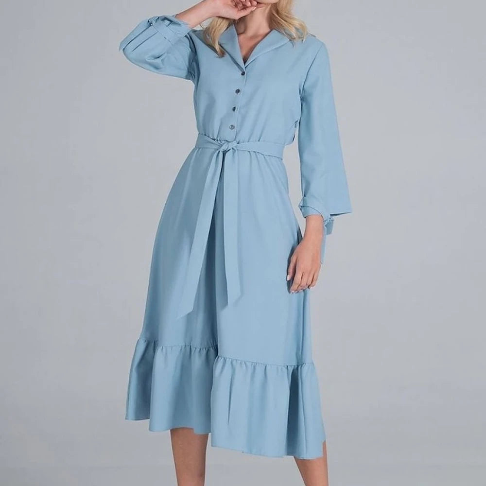 Maxi Dress Ruffle Hem V-Neck Buttoned